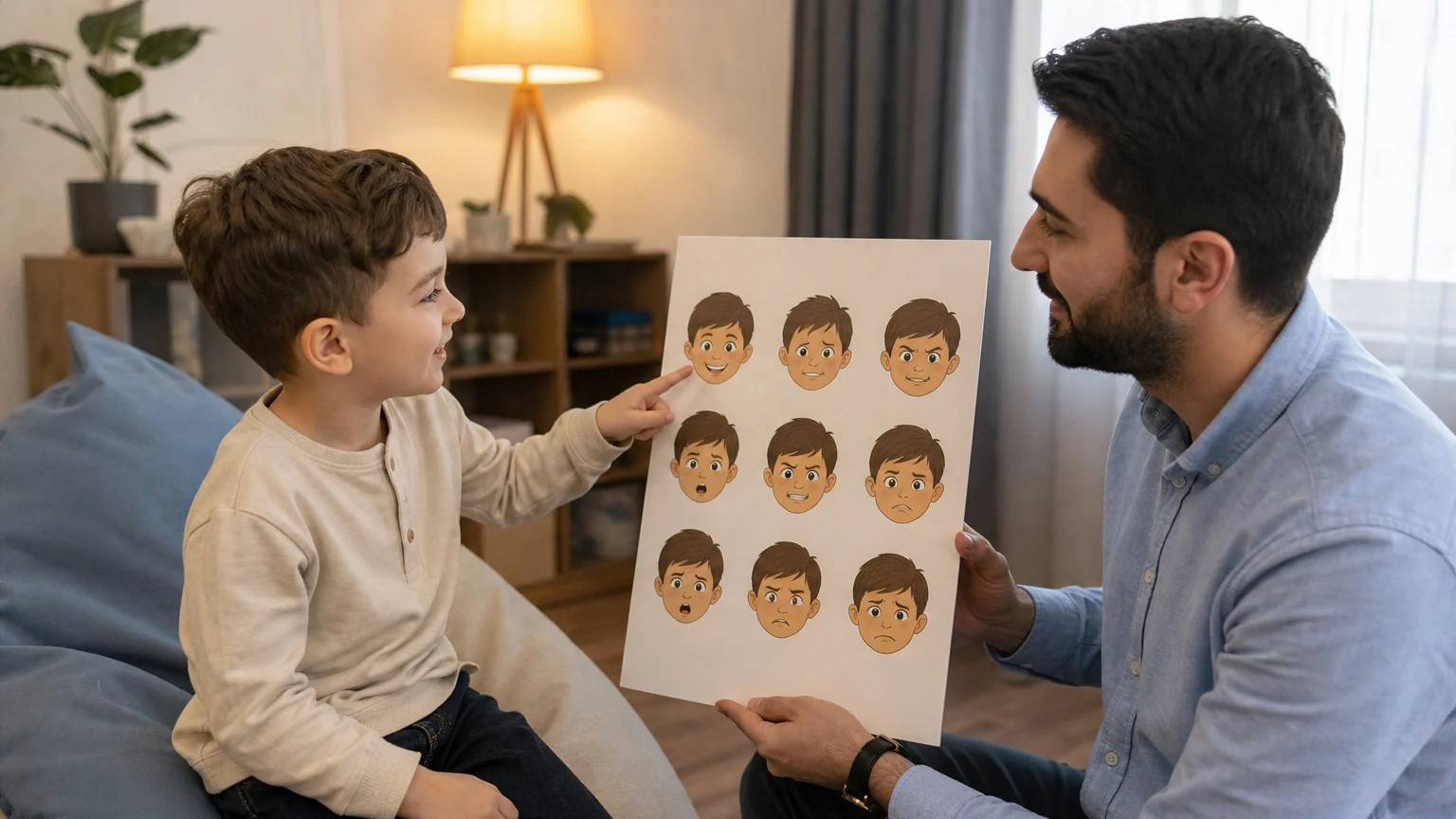 Beş yaşındaki erkek çocuğun öğretmeniyle duygu tablosunu incelemesi çocuklarda duygu düzenleme becerisi kazandırıyor.