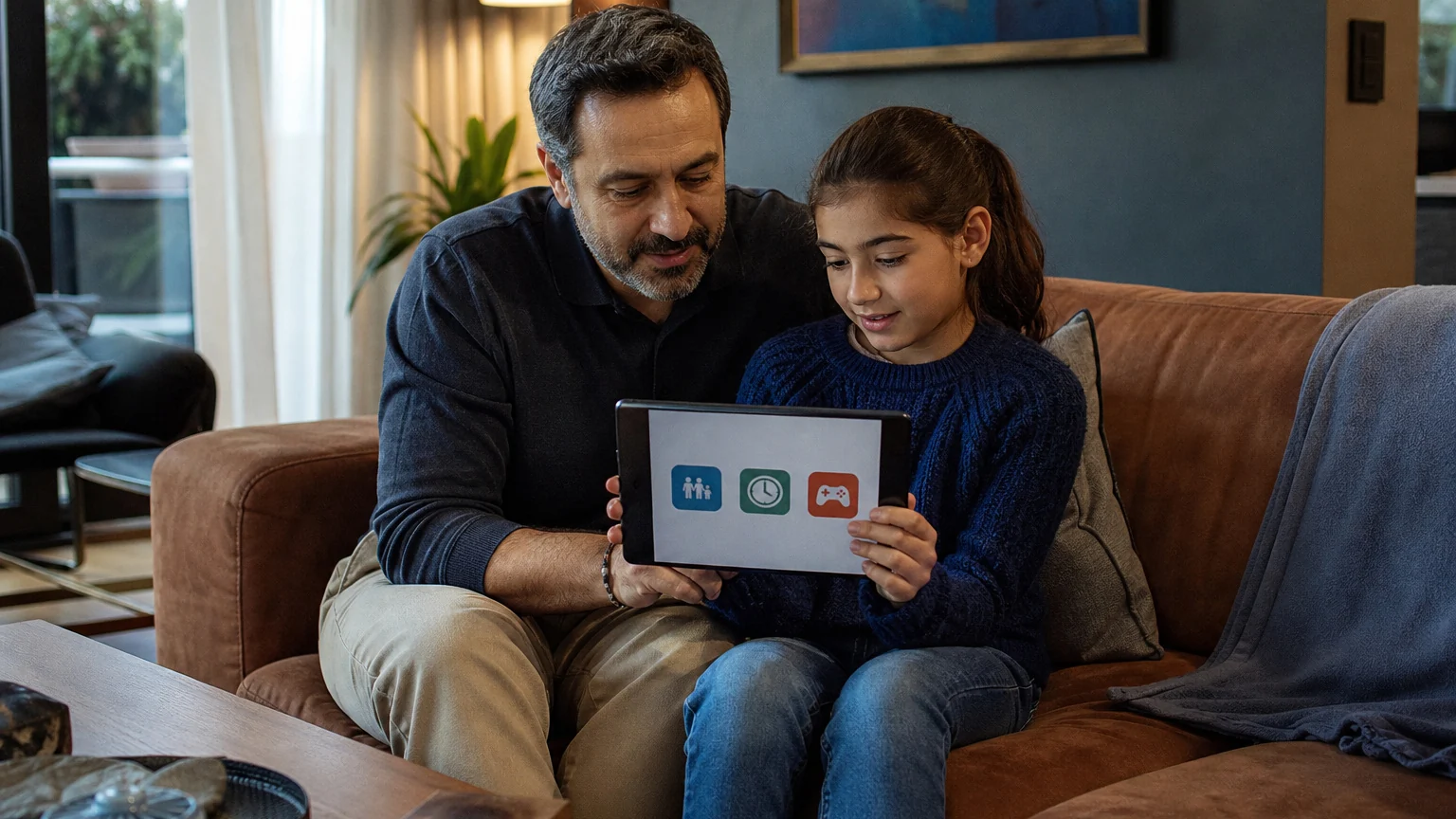 Baba ve kızının tablette kuralları incelemesi çocuklarda internet güvenliği konusunun önemini vurguluyor.