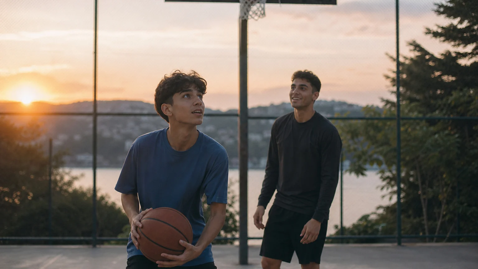 Çocukluk depresyonuyla baş etmede ergen çocuk abisiyle mahalle sahasında basketbol oynuyor.