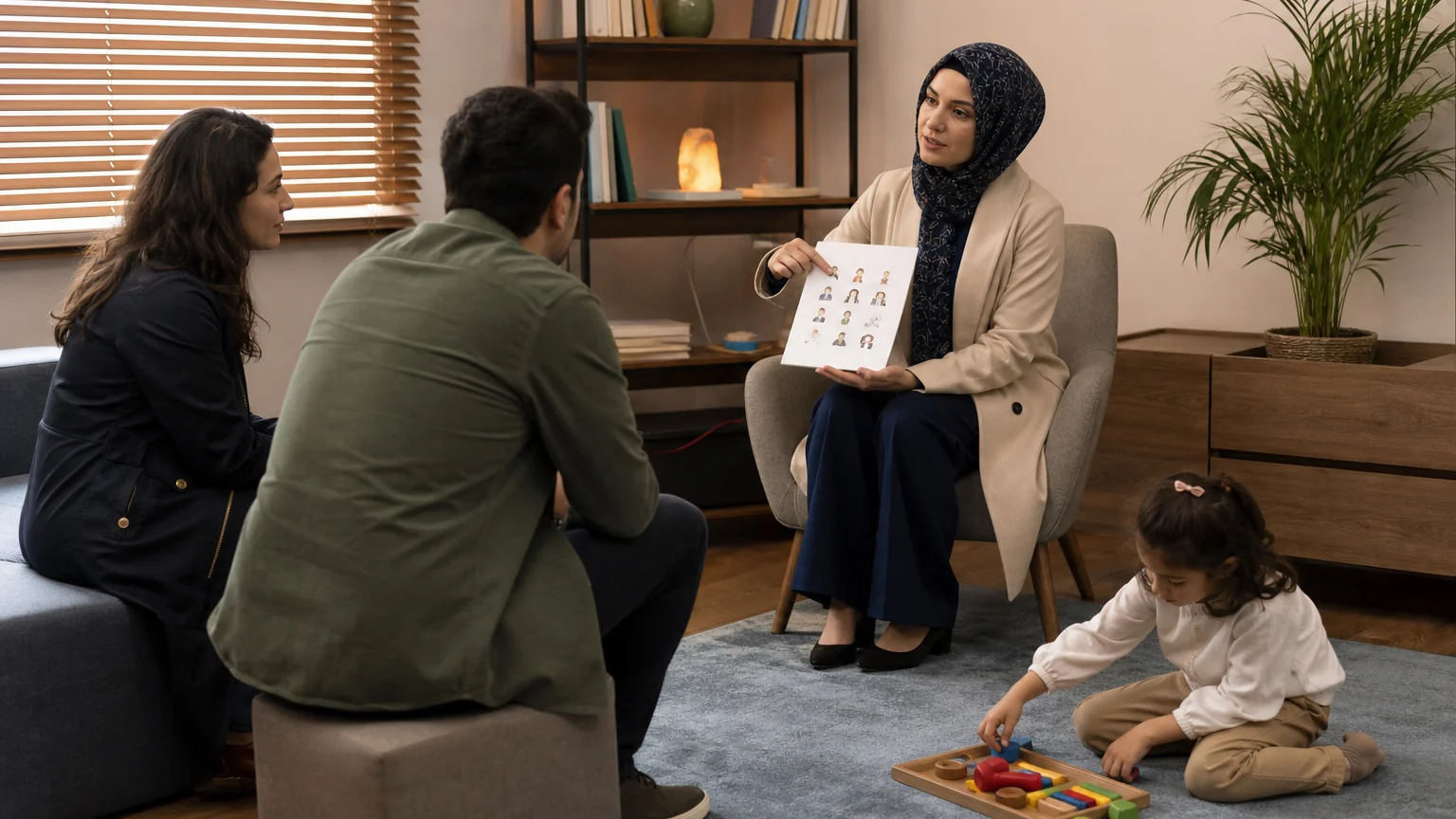 Ebeveyn Danışmanlığı Seansı Uzman, ebeveyn danışmanlığı seansında halıda oynayan beş yaşındaki çocuğun sakinleşme rutinini gösteriyor.