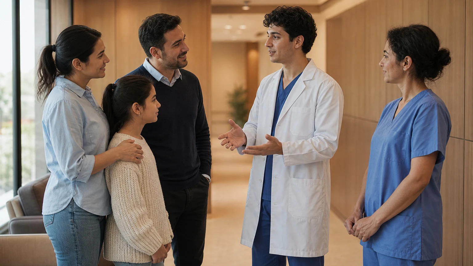 Doktor ve hemşire, ilaç tedavisi hakkında bilgi almak isteyen bir aileyle koridorda konuşuyor.