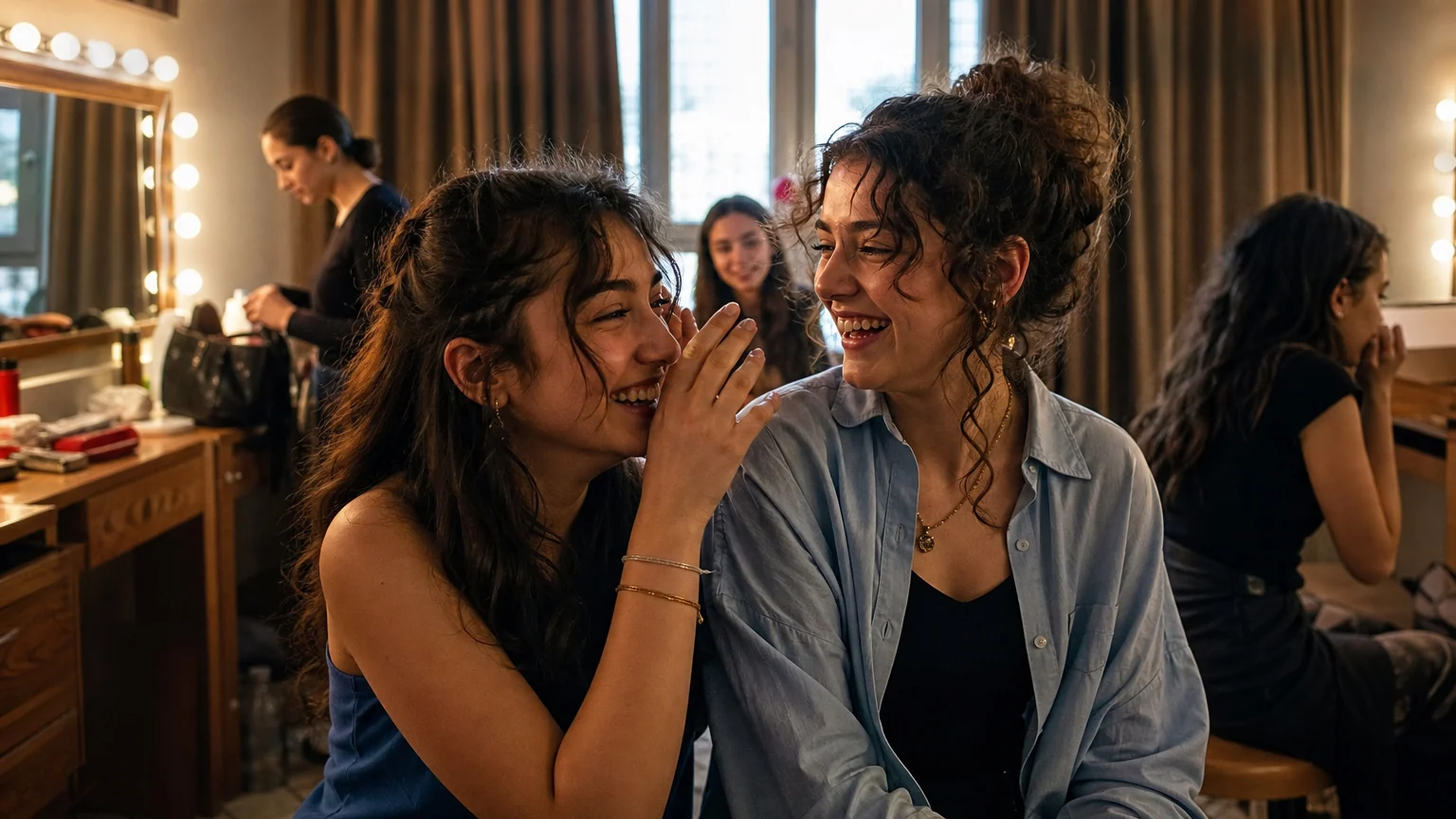 Sahne arkasında drama provası sonrası gülüşen iki genç kız, sosyal anksiyete bozukluğu yaşayan bireylerin sosyal bağ kurmasını yansıtıyor.