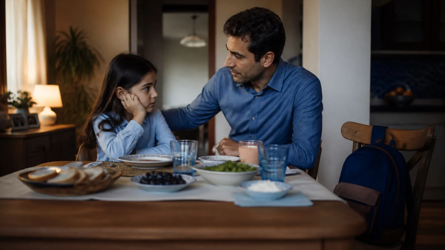 Ankara'da okul sabahı kahvaltı masasında endişeli kızıyla konuşan bir baba ve beslenme çantası.